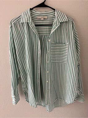 LOFT Green and White Striped Casual Button-Down Shirt